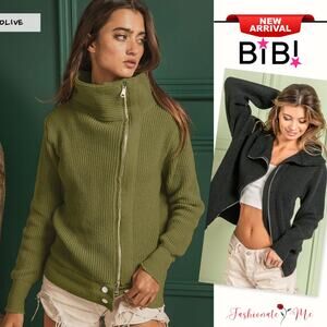 BiBi Front Zip Up High Neckline Long Sleeves Ribbed Knit Sweater Jacket | Olive